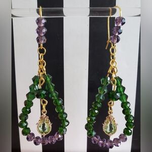 Cute Handmade Dangle Earrings With Green Charms & Sparkly Green & Purple Beads